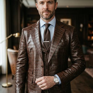 May include: A brown leather suit with a crocodile pattern. The suit comprises a jacket, waistcoat, and trousers. It is worn with a light blue shirt, a brown tie, and a silver tie clip. A silver wristwatch is visible on the wrist.