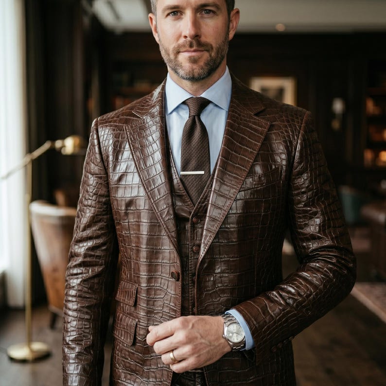 May include: A brown leather suit with a crocodile pattern. The suit comprises a jacket, waistcoat, and trousers. It is worn with a light blue shirt, a brown tie, and a silver tie clip. A silver wristwatch is visible on the wrist.