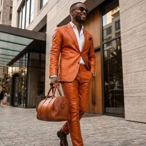 Handgjord herrkostym i orange krokodilskinn, äkta präglat läder, kavajbyxor, lyxig slim fit, balklänning, bröllopsoutfit, anpassad bild 4