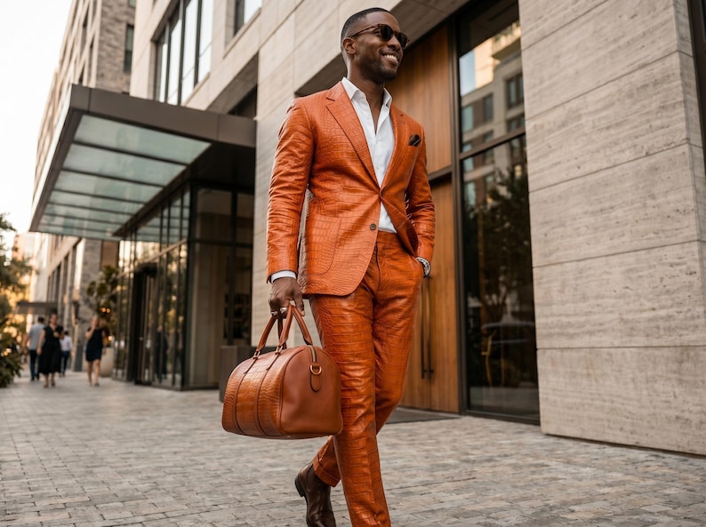 Handgjord herrkostym i orange krokodilskinn, äkta präglat läder, kavajbyxor, lyxig slim fit, balklänning, bröllopsoutfit, anpassad bild 4