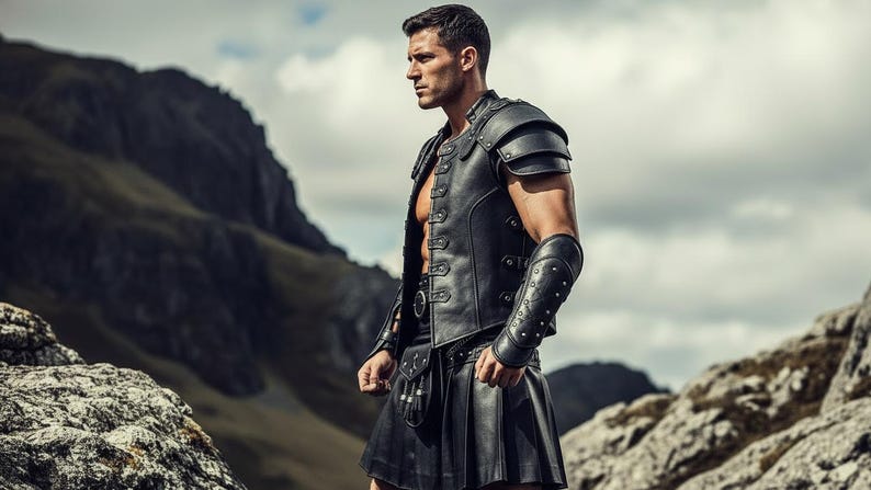 May include: Black leather armor set, including a vest, shoulder pads, and arm guards. The armor is worn with a black kilt. The background features a mountainous landscape under a cloudy sky.