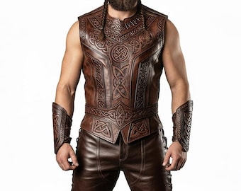 Viking Medieval Leather Armor Set, Genuine Cowhide Celtic Warrior Costume, Full Vest Pant Boots Bracers Cosplay Outfit