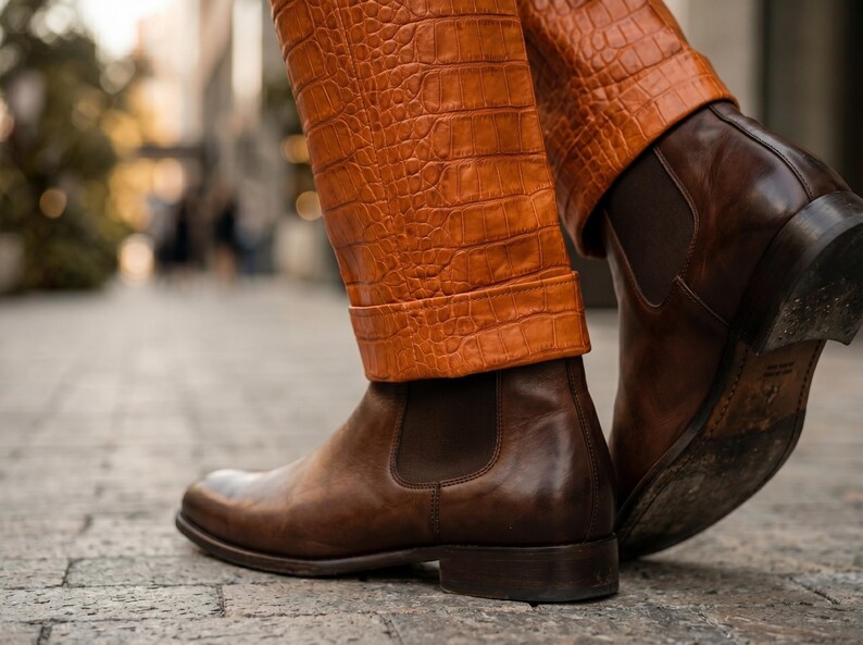 Handgjord herrkostym i orange krokodilskinn, äkta präglat läder, kavajbyxor, lyxig slim fit, balklänning, bröllopsoutfit, anpassad bild 10
