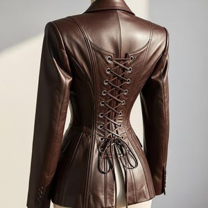 Peut inclure: Veste en cuir marron avec un dos de style corset. La veste a un col crant&eacute;, des manches longues et une silhouette ajust&eacute;e. Le dos pr&eacute;sente une fermeture &agrave; lacets avec des &oelig;illets m&eacute;talliques. La veste est de couleur marron fonc&eacute;.