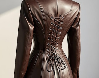 Handmade Women’s Genuine Leather Blazer Coat | Custom Tailored Brown Corset Back Lace-Up Jacket | Vintage Office Chic