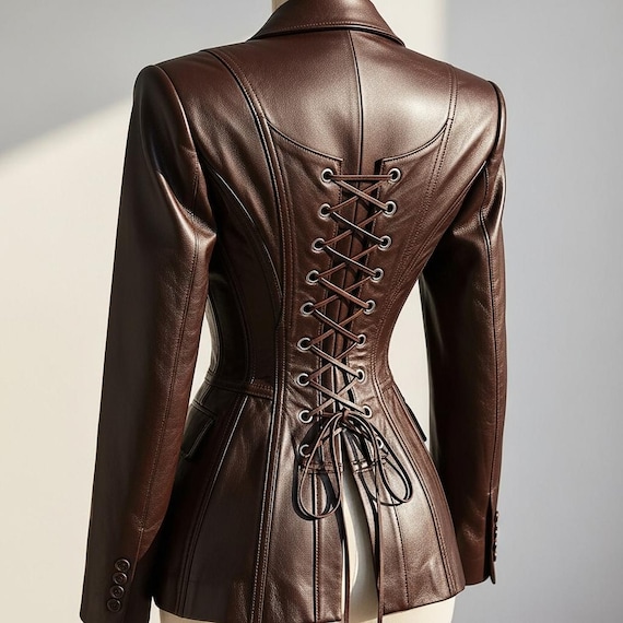 Handmade Women’s Genuine Leather Blazer Coat | Custom Tailored Brown Corset Back Lace-Up Jacket | Vintage Office Chic