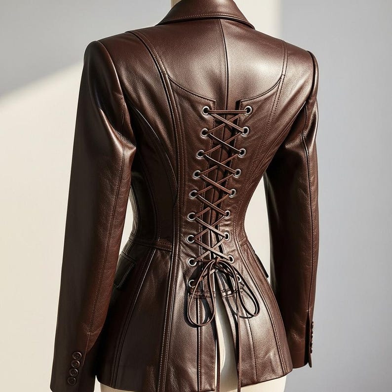 Peut inclure: Veste en cuir marron avec un dos de style corset. La veste a un col crant&eacute;, des manches longues et une silhouette ajust&eacute;e. Le dos pr&eacute;sente une fermeture &agrave; lacets avec des &oelig;illets m&eacute;talliques. La veste est de couleur marron fonc&eacute;.