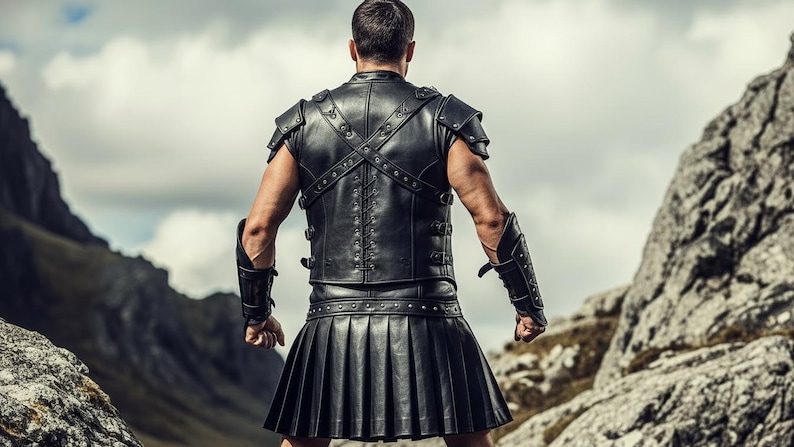 May include: A black leather gladiator costume, featuring a vest with shoulder guards, arm guards, and a pleated skirt. The person is standing with their back to the viewer, against a backdrop of mountains and a cloudy sky.