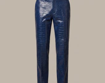 Handmade Mens Brown Crocodile Leather Pants Genuine Cowhide Croc Embossed Slim Fit Biker Pants Luxury Designer Leather Trousers Custom
