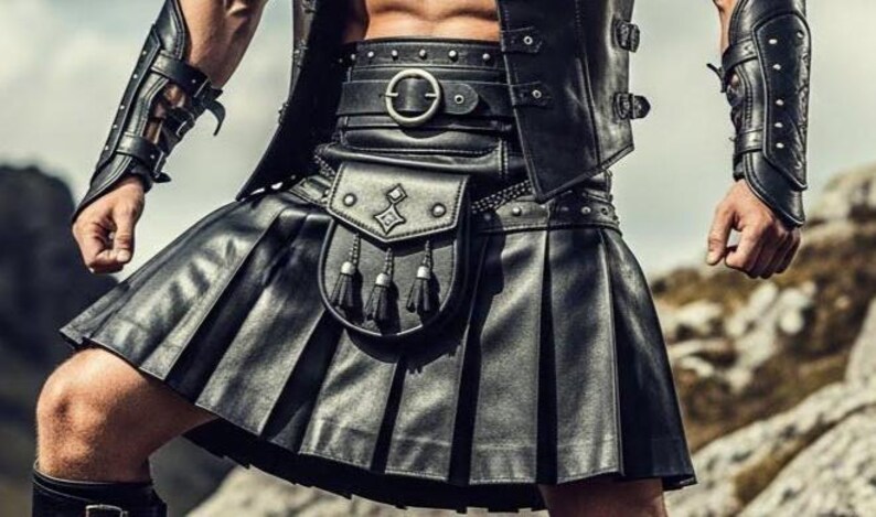 May include: Black leather kilt with pleated design, paired with a matching vest and arm guards. The kilt features a sporran with tassels and a belt with a large buckle. A rugged and stylish outfit.