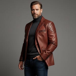 May include: A brown leather blazer with diamond-quilted shoulder and upper arm panels. The blazer has a notched lapel, a chest pocket, and a two-button closure. The person is wearing a dark gray turtleneck and blue jeans.