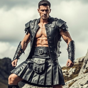 May include: A person wearing a black leather vest, kilt, and arm guards. The vest has a button-up front and shoulder accents. The kilt is pleated and worn with a belt and pouch. The person is standing on a rocky terrain.