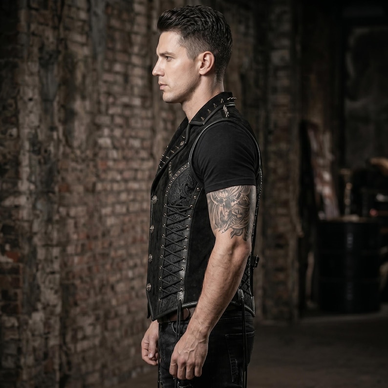May include: Black leather vest with decorative metal studs and floral embossed panels. The vest features a lace-up side detail and is worn over a black t-shirt. The vest is a stylish piece of apparel.
