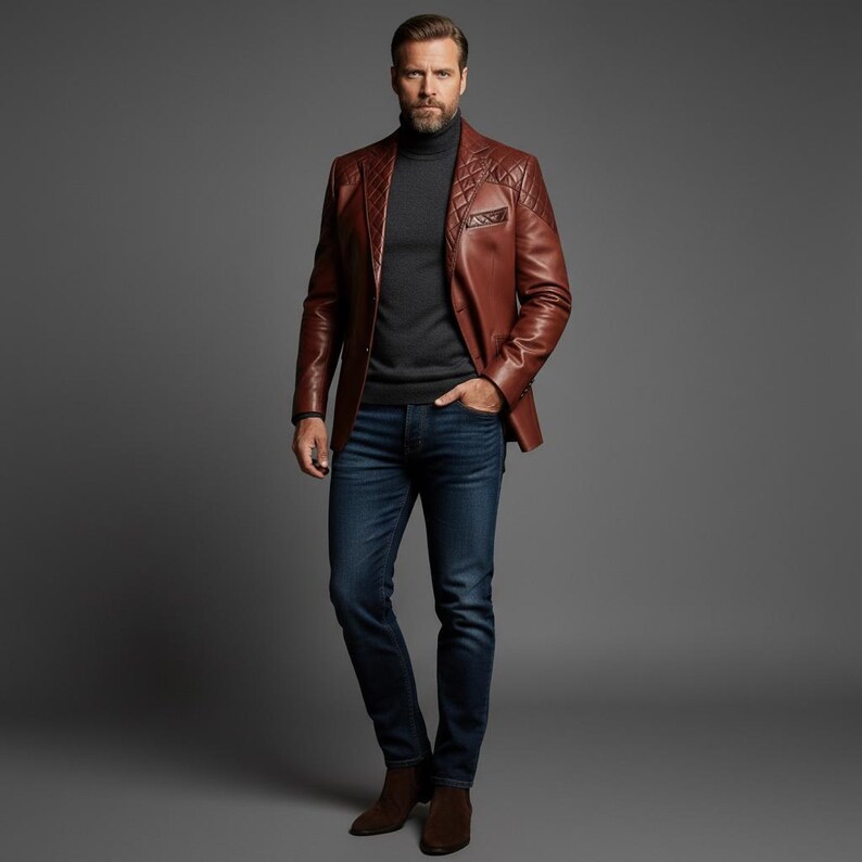 May include: A brown leather blazer with a quilted shoulder design. The blazer is paired with a dark gray turtleneck, blue jeans, and brown boots. The outfit is set against a gray backdrop.