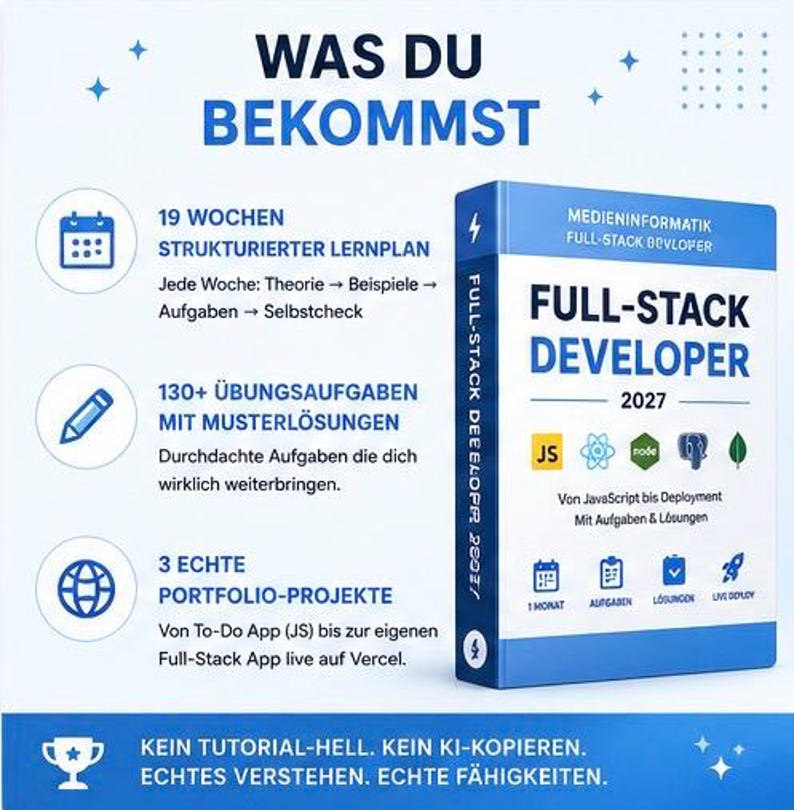 Op de afbeelding: Een blauw en wit educatief boek getiteld Full-Stack Developer 2027. De kaft bevat iconen voor JavaScript, React, Node en MongoDB. Het beschrijft een curriculum van 19 weken, 130 oefeningen met oplossingen en 3 portfolio-projecten voor praktisch leren en deployment.