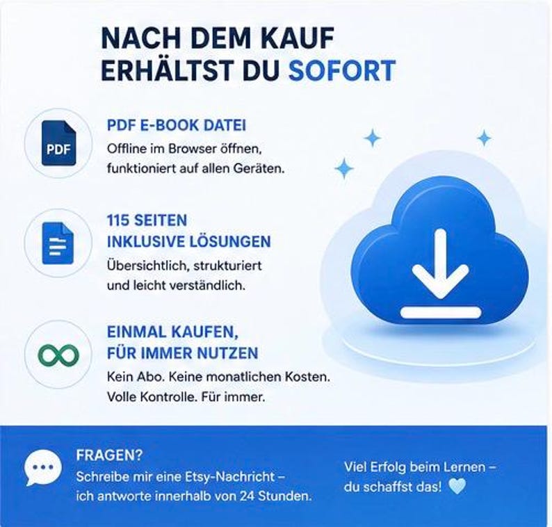 Op de afbeelding: Een digitale download-infographic met een blauw wolkenpictogram en een pijl naar beneden. De tekst bevat: NACH DEM KAUF ERH&Auml;LTST DU SOFORT, PDF E-BOOK DATEI, 115 SEITEN INKLUSIVE L&Ouml;SUNGEN, EINMAL KAUFEN, F&Uuml;R IMMER NUTZEN, FRAGEN? en aanvullende Duitse tekst.