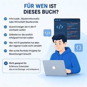 Op de afbeelding: Een infographic getiteld F&Uuml;R WEN IST DIESES BUCH? met een persoon in een blauwe hoodie die een laptop gebruikt. Het bevat een lijst met doelgroepen met vinkjes en vermeldt dat het niet geschikt is voor ervaren ontwikkelaars.