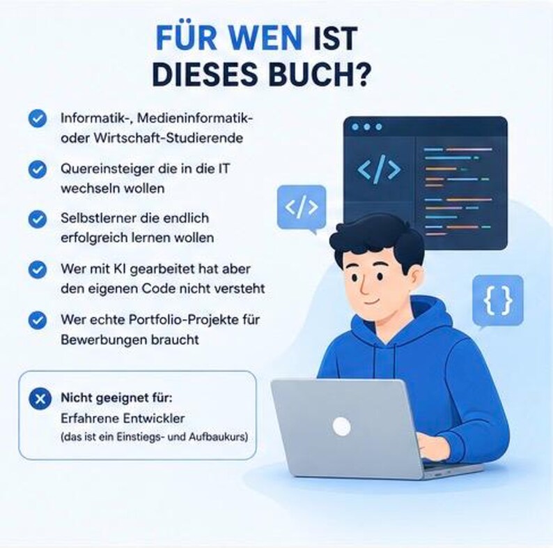 Op de afbeelding: Een infographic getiteld F&Uuml;R WEN IST DIESES BUCH? met een persoon in een blauwe hoodie die een laptop gebruikt. Het bevat een lijst met doelgroepen met vinkjes en vermeldt dat het niet geschikt is voor ervaren ontwikkelaars.