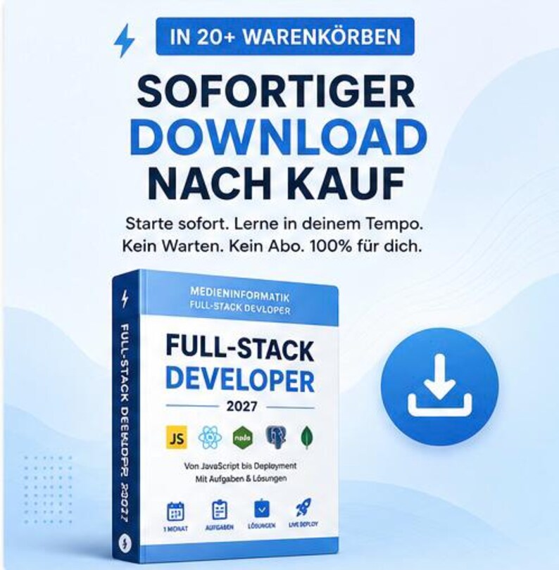 Op de afbeelding: Een digitaal productomslag voor een Full-Stack Developer 2027 gids. De blauw-witte afbeelding bevat de tekst 'IN 20+ WARENK&Ouml;RBEN', 'SOFORTIGER DOWNLOAD NACH KAUF' en 'FULL-STACK DEVELOPER 2027' met diverse programmeericonen en een downloadsymbool.