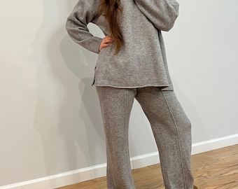 Wool Blend Loungewear Set, Women's Winter Outfit