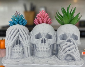 Pot de fleurs en forme de crâne « Voir, Entendre, Ne Dire Rien » – Porte-succulentes gothique