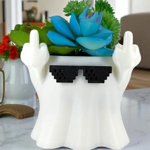 F*ck You Ghost Planter – Middle Finger Gothic Decor, Funny Meme Ghost with Sunglasses