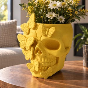 Butterfly Skull Planter and Desk Organizer, Gothic Floral Skull Pot and Pen Cup