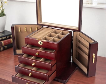 Solid Wood Jewelry Box Organizer with Drawers: Vintage Walnut Finish