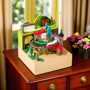 Handmade Wooden Train Music Box with Village Scene