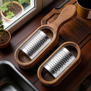 May include: Two wooden graters with stainless steel grating surfaces. One grater has a handle, while the other is handle-less. The graters are made of light brown wood and are designed for kitchen use. The graters are on a dark brown wooden surface.