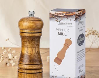 Oak Wood Pepper Grinder, Manual Spice Mill, Rustic Kitchen Decor