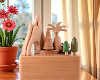 Handmade Wooden Train Music Box: Rustic Mountain Scene Decor