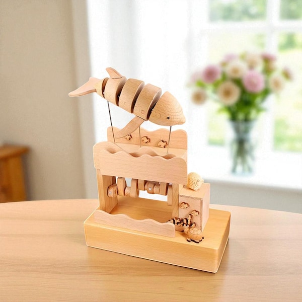 Handmade Wooden Whale Music Box: Mechanical Ocean Decor