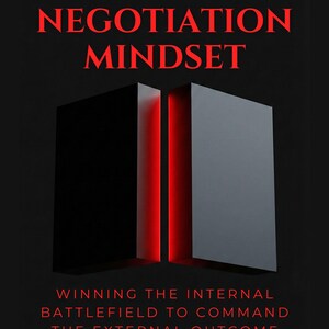 Può includere: Copertina del libro con il titolo "HIGH-STAKES NEGOTIATION MINDSET" in testo rosso. La copertina presenta due forme geometriche grigio scuro con una linea rossa brillante tra di esse. Il nome dell'autore, C. W. North, è in basso.