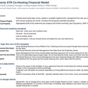 Könnte beinhalten: Ein digitales Dokument mit dem Titel Multi-Property STR Co-Hosting Financial Model. Es beschreibt eine Vorlage für Immobilienverwalter und erläutert die Struktur der Arbeitsmappe, Anweisungen zur Farbcodierung, Auszahlungslogik und wichtige Annahmen.