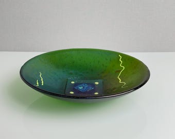 Vintage Iridescent Green Fused Art Glass Bowl – Geometric Serving Tray – Contemporary Studio Art – 1990s