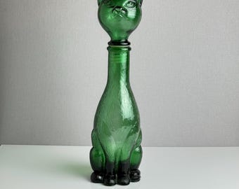 Vintage Italian Green Glass Cat Decanter – Mid-Century Modern Stylized Figural Bottle Stopper – 1960s