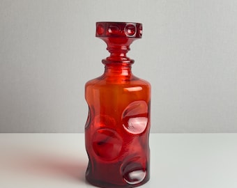 Vintage Empoli Red Glass Decanter – Dimple Dot Genie Bottle – Italian Mid-Century Modern – 1960s