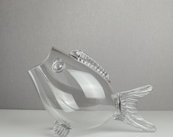 Vintage Blenko Style Clear Glass Fish Vase – Mid-Century Modern Hand-Blown Sculpture Terrarium – 1950s-70s