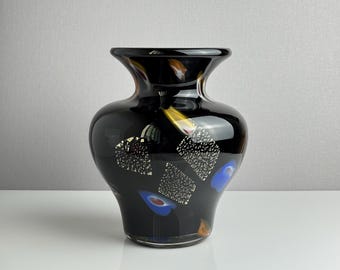 Vintage Kamei Black Glass Vase – Toshichi Iwata Gold Foil Murrine Art Glass – Mid-Century – 1950s