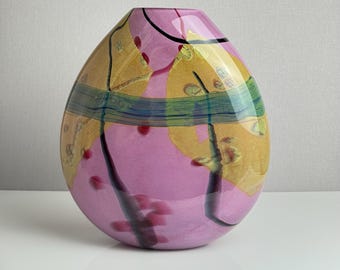 Vintage Studio Art Glass Landscape Vase – Pink and Gold Leaf Cased Hand-Blown Sculpture – 1990s