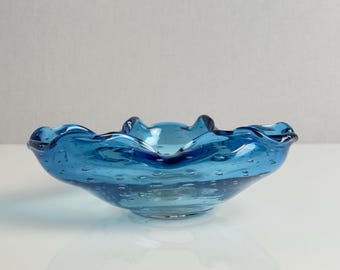 Vintage Blue Art Glass Bowl – Ruffled Edge Controlled Bubble – Bullicante Ashtray Mid Century – 1980s