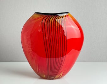 Vintage Murano Style Red Pulled Feather Glass Vase – Orange Yellow Black Stripe – 1970s