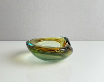Vintage Murano Sommerso Art Glass Bowl – Amber Gold and Aqua Green Dish – Mid-Century – 1960s