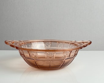Vintage Jeannette Pink Depression Glass Serving Bowl – Doric and Pansy Pattern – Two Handles 9” Diameter – 1930s