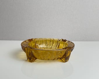 Vintage Anchor Hocking Amber Glass Ashtray – Honey Gold Bark Textured Dish – Mid-Century Modern – 1960s