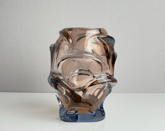 Vintage Jan Kotík Propeller Vase – Brown & Blue Crystal – Mid-Century Modern Art Glass – 1950s