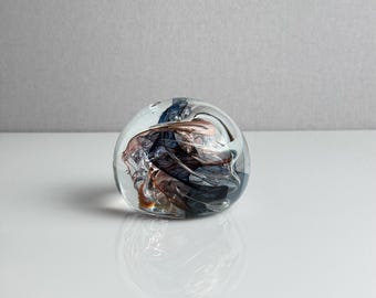 Vintage Brian Lonsway Art Glass Paperweight – Blue Purple Amber Swirl Clear Crystal – 1981