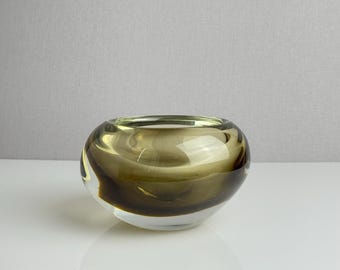 Vintage Murano Sommerso Geode Bowl – Smoky Olive Cased Crystal – Mid-Century Italian Art Glass – 1950s-70s