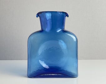 Vintage Blenko Blue Glass 384 Water Bottle – Mid-Century Modern Hand-Blown Glass Carafe – 1980s